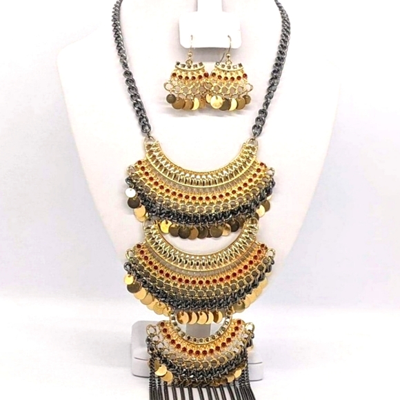 Handmade Jewelry - Bohemian Tribal Jewelry Set: Multi-Strand Coin Necklace & Earrings